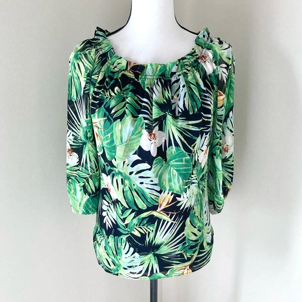 NWOT White House Black Market Green Tropical Print 3/4 Sleeve Top Size S